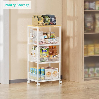 HapiRm Fruit Basket Kitchen Cart - 4-Tier Rolling Storage Cart with Wheels, Wood Top Utility Pantry Cart for Vegetables, Potatoes, Onions, Bread, Snacks