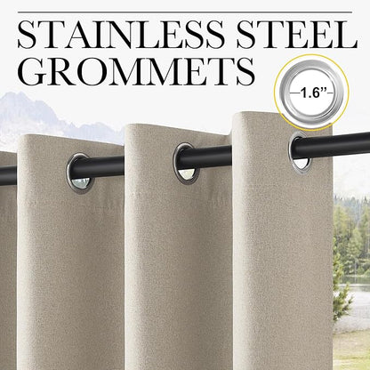 NICETOWN 100% Blackout Outdoor Curtains for Patio Waterproof 2 Panels, Linen Textured Thermal Insulated Indoor/Outdoor Drapes for Gazebo, Privacy Sun Shades for Porch, Garden, W52 x L108 Inch, Natural