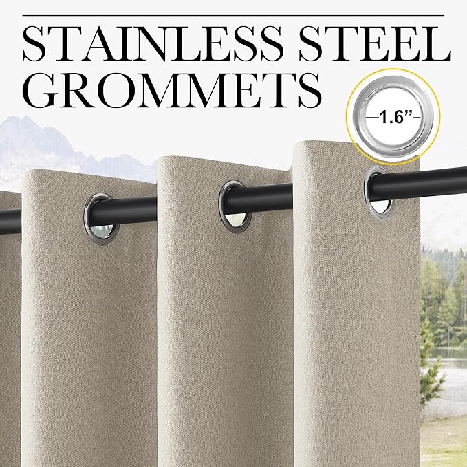 NICETOWN 100% Blackout Patio Outdoor Curtains Waterproof 2 Panels, Linen Textured Thermal Insulated Indoor/Outside Drapes for Gazebo, Privacy Sun Shades for Porch, Bathroom, W52 x L96 Inch, Natural