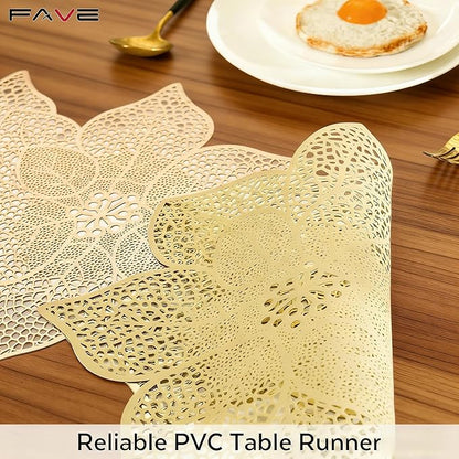FAVE Gold Table Runners 36 Inches Heat Resistant Table Runner Flower Shaped Vinyl Table Runner Waterproof Washable Table Mats for Wedding, Banquet, Birthday,Party,Restaurant(Gold Flower Shaped)