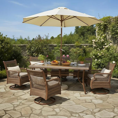 PURPLE LEAF Outdoor Dining Set for 6 All Weather Wicker Patio Dining Set with Hand-Woven Rattan Swivel Dining Chais and Rectangular Aluminum Table for Garden Deck Backyard Kitchen