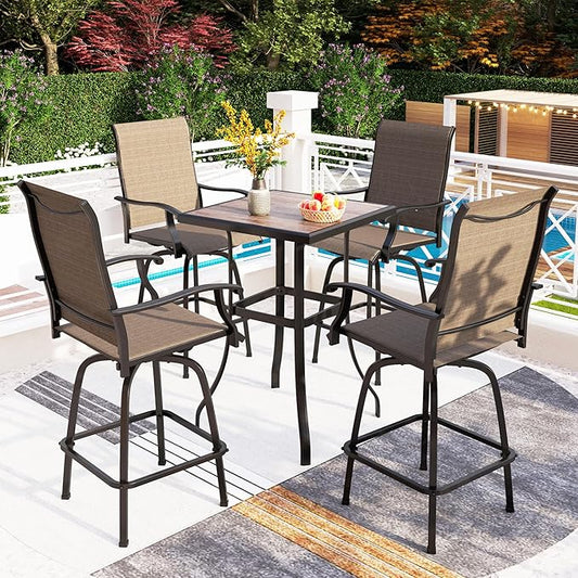 PHI VILLA 5 Piece Outdoor Bar Set with Swivel Patio Bar Stools, Patio Bar Bistro Table and Chairs with Brown Textilene Fabric & Square Bar Table for Deck, Balcony and Garden