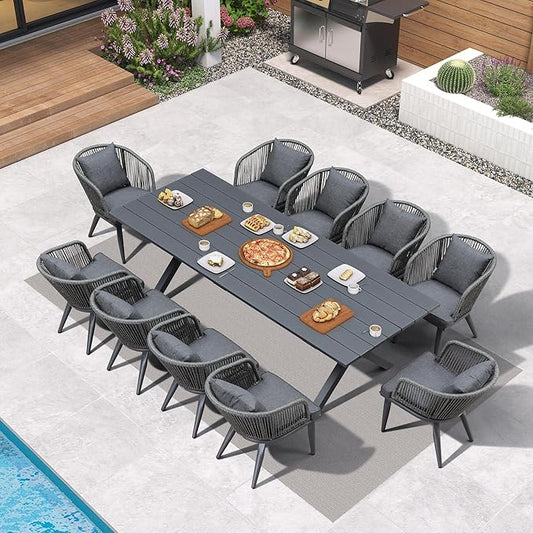PURPLE LEAF 11 Pieces Patio Dining Set Wicker Outdoor Furniture Rectangular Table and Chairs Set for Garden Deck Aluminum Frame Backyard Kitchen Set, Cushions and Pillows Included Grey