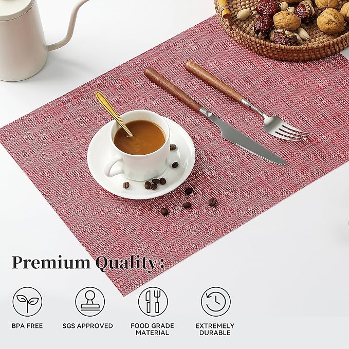 Leetaltree Red Placemats Set of 6 - Heat Resistant Non-Slip Place mats for Dining Table, Washable Durable PVC Vinyl Woven Table Mats