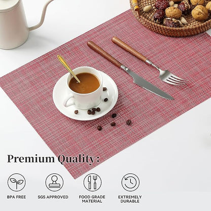 Leetaltree Red Placemats Set of 6 - Heat Resistant Non-Slip Place mats for Dining Table, Washable Durable PVC Vinyl Woven Table Mats