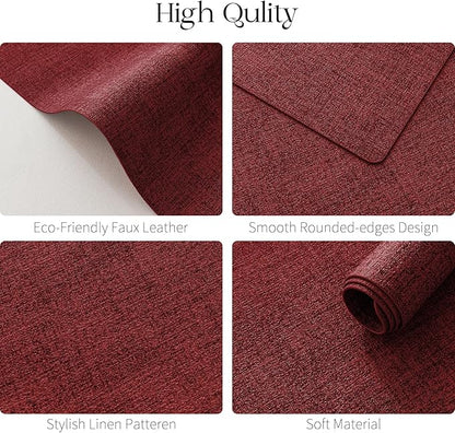 MOSAYT Faux Leather Placemats Set of 12, Heat Resistant Vinyl Place Mats with Coasters, Wipeable Washable 100% Waterproof Oil Proof Table Mats for Kitchen Dining Party Indoor Outdoor, 12" x 17", Red