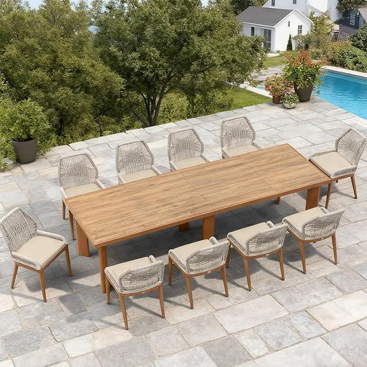 PURPLE LEAF 11 Pieces Patio Dining Set Aluminum Oversize Rectangular Table and Wicker Chairs with Cushions for Kitchen Porch Garden Modern Outdoor Furniture Sets