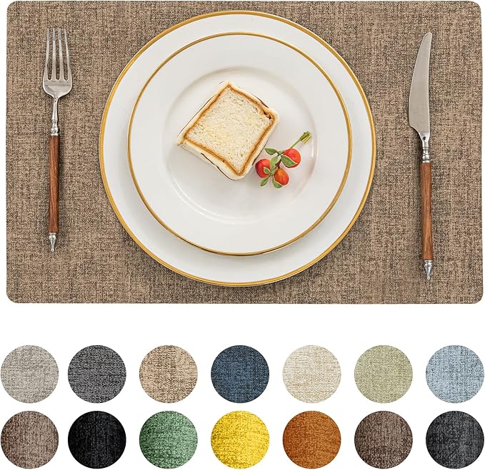 Romanstile Vinyl Placemats Set of 6-12 X 17 Inch - Heat Resistant Place Mats 100% Waterproof Oilproof Wipeable Reversible Faux Leather Table Mats for Kitchen, Dining, Party, Outdoor, Coffee