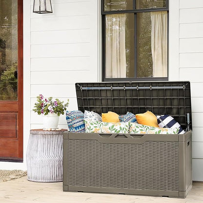 Flamaker Deck Box with Cushion 100 Gallon Waterproof Resin Storage Box with Air Rod Indoor Outdoor Lockable Storage Bench for Patio Furniture, Tools, Pool Accessories (Brown)