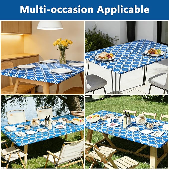Rectangle Picnic Table Cloth, Elastic Waterproof Fitted Vinyl Tablecloths for 8 Foot Tables, Wipeable Flannel Backed Table Covers for Dining, Camping, Outdoor(Blue,36"x96")