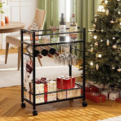 Bar Cart with Wine Rack, Serving Cart for Home, Microwave Cart, Drink Cart, Mobile Kitchen Shelf with Glass Holder, Rolling Beverage Cart for Dining Room (Black)