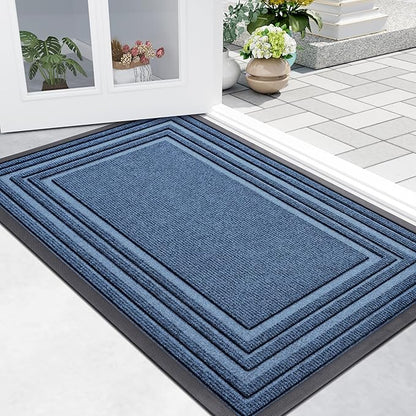Buganda Front Door Mat Indoor Outdoor Entrance, Non-Slip Natural Rubber Doormats, Easy Clean, Low Profile, Dirt Trapper Entryway Floor Mats for Outside, Garages and Patios, 29.5x17, Light Blue