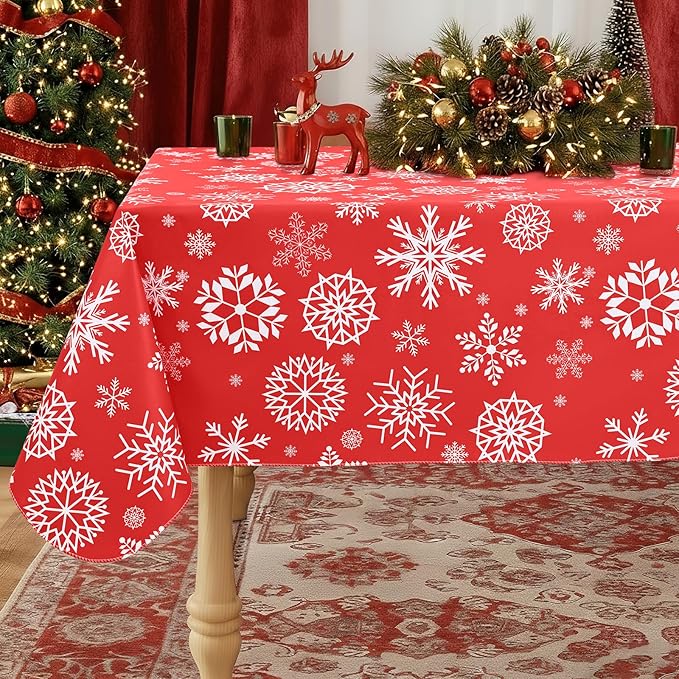 misaya Rectangle Waterproof Vinyl Table Cloth, Wipeable Tablecloth with Flannel Backing, Plastic Table Cover for Dinner, Christmas Party (Red Snowflake, 60" x 84")
