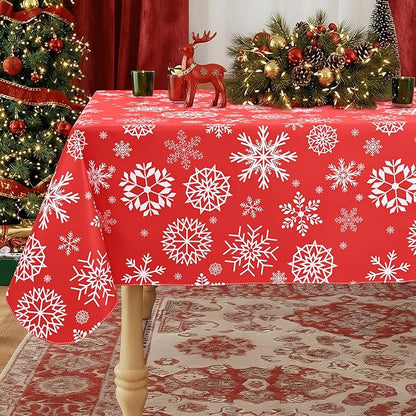misaya Rectangle Waterproof Vinyl Table Cloth, Wipeable Tablecloth with Flannel Backing, Plastic Table Cover for Dinner, Christmas Party (Red Snowflake, 60" x 120")