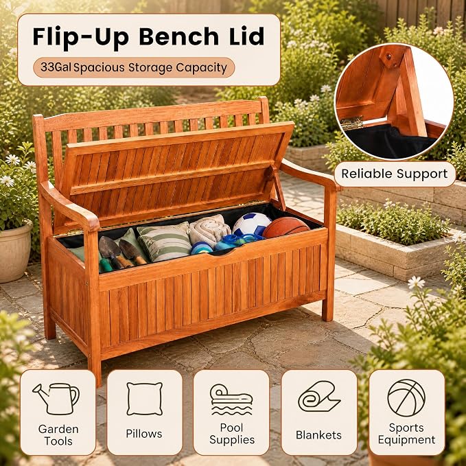 Tangkula Outdoor Wood Storage Bench Deck Box, Entryway Porch Storage Bench - Image 8