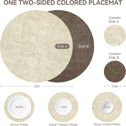 13" Round Placemats Set of 4, NCUE Dual-Sided Faux Leather Heat Resistant Table Mats, Waterproof Oilproof Washable Protective Table Placemats with Coaster, Wipeable Vinyl for Indoor & Outdoor Use