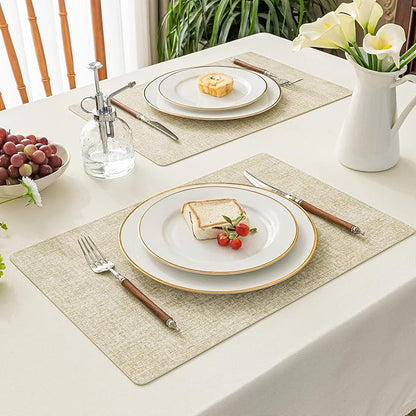 Romanstile Vinyl Placemats Set of 6-12 X 17 Inch - Heat Resistant Place Mats 100% Waterproof Oilproof Wipeable Reversible Faux Leather Table Mats for Kitchen, Dining, Party, Outdoor, Beige