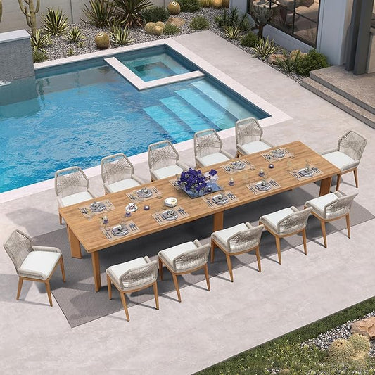 PURPLE LEAF 13 Pieces Patio Dining Set Aluminum Rectangular Table and Wicker Chairs with Cushions for Kitchen Porch Garden Modern Outdoor Furniture Sets, Teak