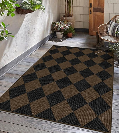 Easy Jute Checkered Area Rug, 3x5 Indoor Outdoor Entryway Rug Washable Coffee Modern Diamond Kitchen Rugs, Non-Slip Neutral Farmhouse Throw Carpet for Living Room Patio Kids Room