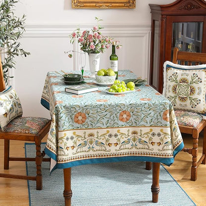 patdrea Designer French Linen Blue Tablecloth for Rectangle Table,Vintage Floral Table Cloth,Colorful Decoration Fall Cover Kitchen Dining for Thanksgiving,Tea Party,Christmas,63"x94"-Wensel