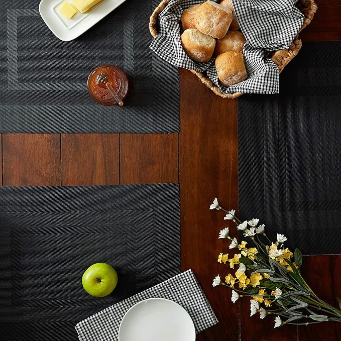 DII PVC Tabletop Collection Woven Indoor/Outdoor, Placemat Set, 13x17.25, Black, 6 Piece