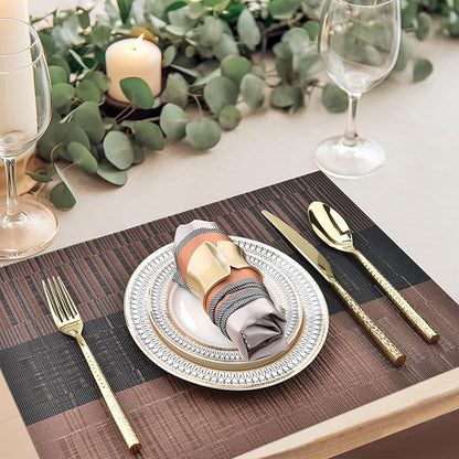 SLKQG Brown Placemats Set of 4 - Easy Clean Modern Durable Washable Vinyl Place Mats - Heat Resistant Placemats for Kitchen Table - PVC Table Mats for Dining Table (Brown Black, 4)