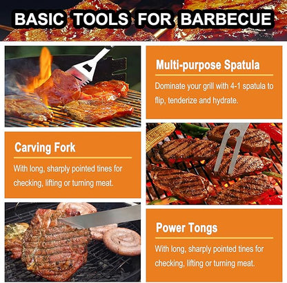 Grilljoy 24PCS BBQ Grill Tools Set with Meat Thermometer and Injector - Extra Thick Stainless Steel Fork, Spatula& Tongs - Complete BBQ Accessories in Aluminum Case - Perfect Grill Gifts for Men