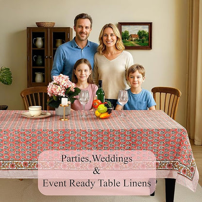 Cotton Print Club-100% Pure Cotton Tablecloth Table Cover - Indian Hand Block Printed Rectangle - for Wedding, Mothers Day Poppy Pink 160" x 72" (Rectangular)