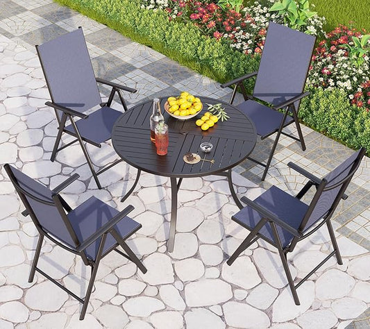 PHI VILLA Outdoor Patio Dining Set for 4, Patio Table and Chairs Set with Adjustable Folding Patio Sling Chairs for Garden, Deck and Yard, Blue