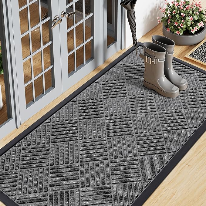 Smiry Front Door Mat Outside Entrance, Heavy Duty Outdoor Indoor Natural Rubber Doormat, Non Slip, Trap Dirt and Moisture, Easy Clean, Low Profile Patio Porch Entryway Mat, 47x23, Grey
