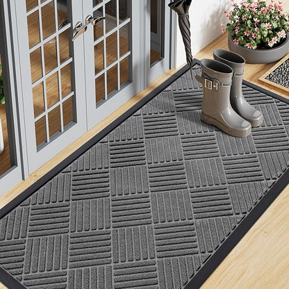 Smiry Front Door Mat Outside Entrance, Heavy Duty Outdoor Indoor Natural Rubber Doormat, Non Slip, Trap Dirt and Moisture, Easy Clean, Low Profile Patio Porch Entryway Mat, 59x23, Grey