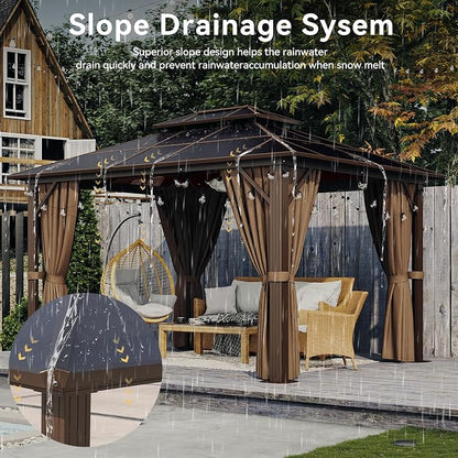 Aoxun 12'x10' Gazebo with Polycarbonate Double Roof, Light Brown | Metal Frame - Image 3