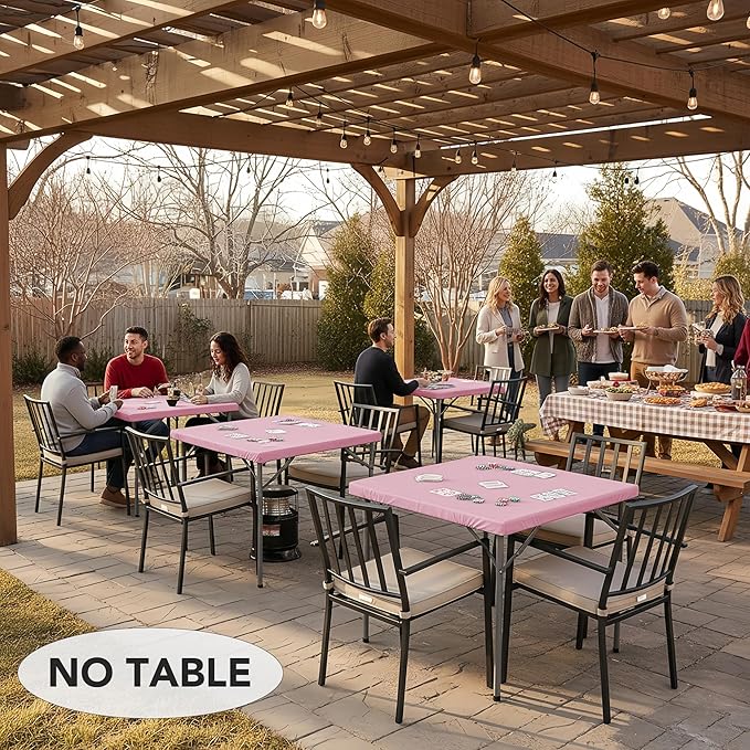 LUSHVIDA 2 Packs Vinyl Card Tablecloth with Flannel Backing 48x48 inch - Waterproof Plastic Picnic Table Cover for Square Folding Table Cloth with Elastic Corners, Pink