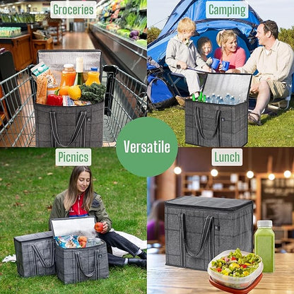 VENO 2 Pack Cooler Bag and Insulated Grocery Bags for Food Delivery, Collapsible Cooler. Reusable Shopping Bags for Groceries with Hard Bottom, Zippered, Foldable, Heavy-Duty (Windowpane, 2 Pack)