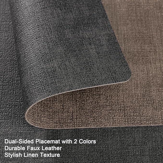 Myir JUN Placemats Dual Sided, Faux Leather Place Mats Set of 4 Indoor Placemat for Dining Table Outdoor Place Mat Square Non-Slip Washable Table Mats (Gray Brown, Set of 4)
