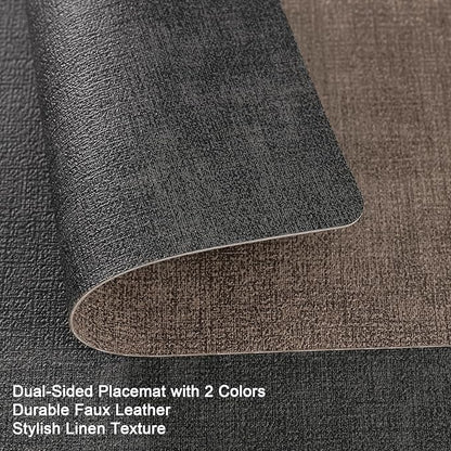 Myir JUN Placemats Dual Sided, Faux Leather Place Mats Set of 6 Indoor Placemat for Dining Table Outdoor Place Mat Square Non-Slip Washable Table Mats (Gray Brown, Set of 6)