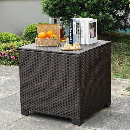 Rattaner 80 Gallon Wicker Outdoor Storage Box Square Patio Storage Bin with Waterproof Lining Bag Deck Storage Box and Cushion Storage Bin Outdoor, Brown Wicker