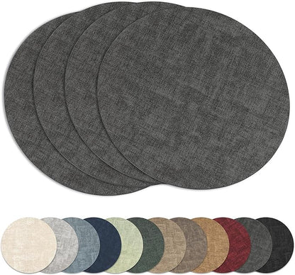 13"Round Placemats Set of 4, Reversible Faux Leather Heat Resistant Table Mats, 100% Waterproof Oilproof Wipeable Table Protective Placemats for Vinyl, Washable for Indoor & Outdoor Use (4, Deep Gray)