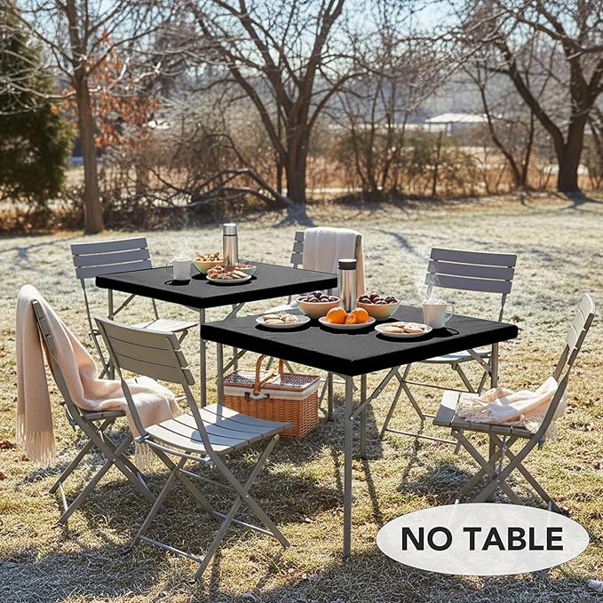 LUSHVIDA Square Fitted Table Cover Card Tablecloth 34x34 inch, 2 Packs Waterproof Elastic Vinyl Table Cloth with Flannel Backing Plastic Picnic Small Tables Top for Kitchen Dining Outdoor Party, Black