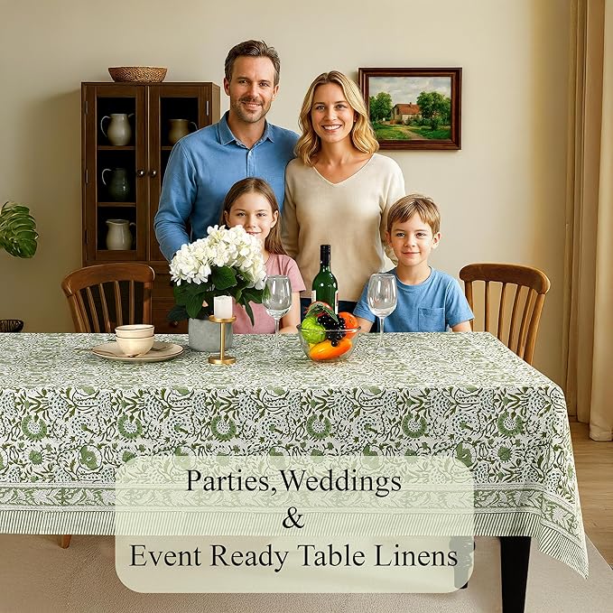 CPC Tablecloth 100% Cotton 70x108 Inch Indian Block Print Rectangle Table Cover, Green Table Cloth for Weddings, Spring/Summer, Barbeque - Agate Green