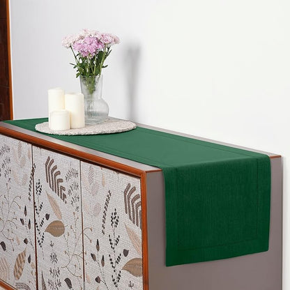 D'Moksha Homes Linen Forest Green Table Runner 120 Inches Long - 100% Pure Linen Hemstitch 14 x 120 Inch Table Runner for Dining, St Patricks Day, Easter - Classic Hemstitch