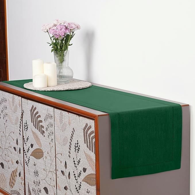 D'Moksha Homes Linen Forest Green Table Runner 84 Inches Long - 100% Pure Linen Table Runner 14 x 84 Inch for St Patricks Day, Easter - Classic Hemstitch