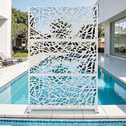 Metal Privacy Screen for Outdoor & Indoor Use, Free Standing Privacy Screen for Patio Garden Pool, 72" H x 47" W Decoative Privacy Panels, Weather Resistant, Easy Assembly (White Net)