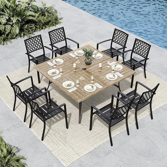 MFSTUDIO Patio Dining Set for 8, Metal Patio Table and Chairs Set, Outdoor Dining Set with Umbrella Hole, 9 Piece Outdoor Patio Furniture Set for Deck Backyard Poolside Garden