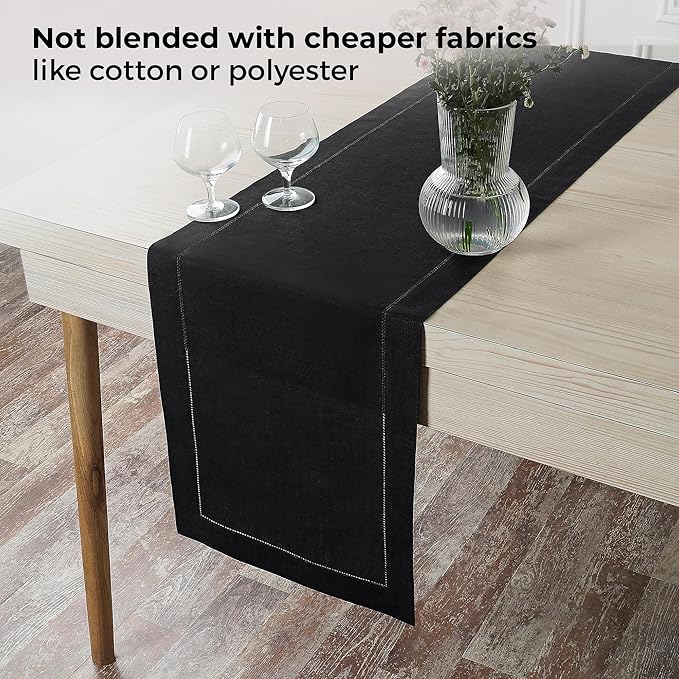 D'Moksha Homes Linen Black Table Runner 108 Inches Long - 100% Pure Linen 14 x 108 Inch Table Runner for Spring, Easter - Classic Hemstitch