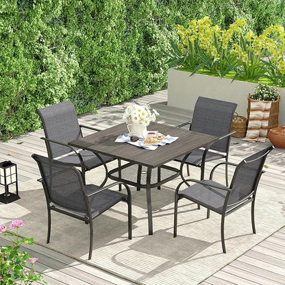 VICLLAX Patio Dining Table for 4 Square Metal Outdoor Table with Umbrella Hole and Storage Shelf for Garden Lawn Balcony Deck, Grey
