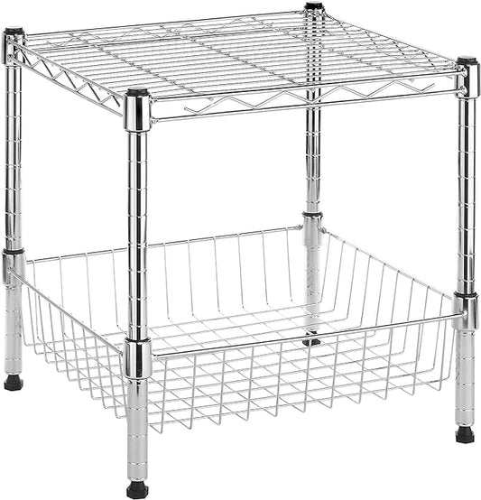 Whitmor 2-Wire Shelving Unit, Metal Storage Shelves, Stacking Shelf with Basket, Easy Assembly Home Organizer for Pantry, Kitchen, Garage, Plant