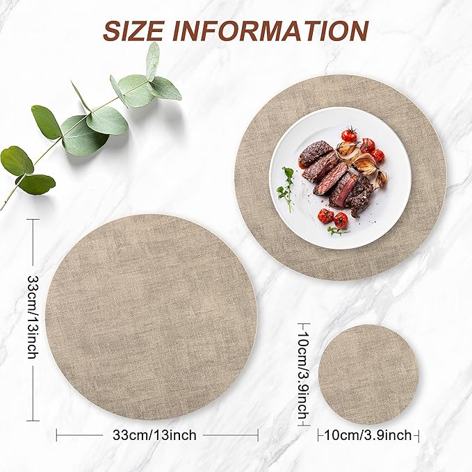 Round Faux Leather Placemats and Coasters, Set of 8, Reversible Heat Resistant Non-Slip Table Mats, Waterproof Wipeable Place Mats for Dining Table, Washable for Indoor & Outdoor (8, Light Brown)