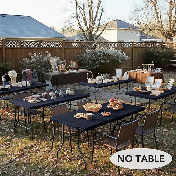 LUSHVIDA 6 Packs Vinyl Tablecloths with Flannel Backing for 8ft Rectangle Folding Table Cloths - Waterproof Plastic Picnic Table Covers with Elastic Corners, 30x96 inch, Navy Blue