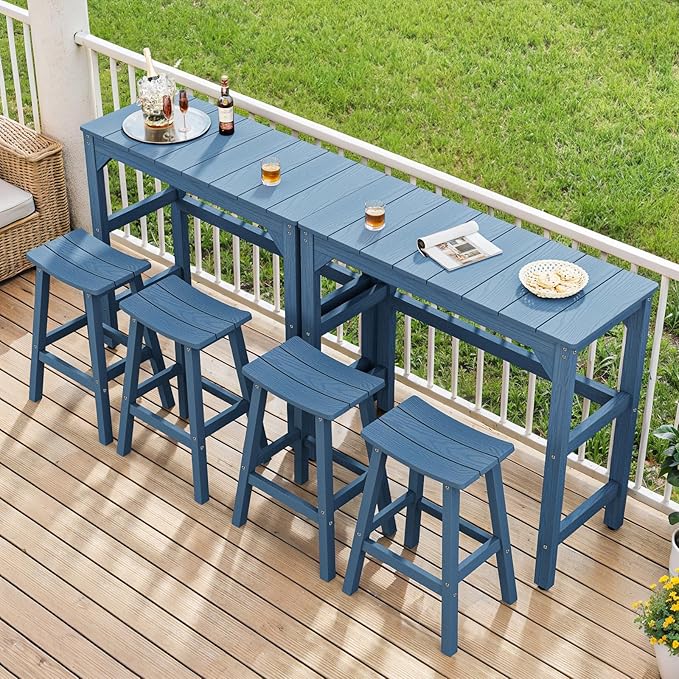 3 Piece Outdoor Bar Set, 42" Rectangular Pub Height High Top Bar Table & 2 Outdoor Bar Stools for Patio, Garden, Poolside and Bistro, Weatherproof, Blue